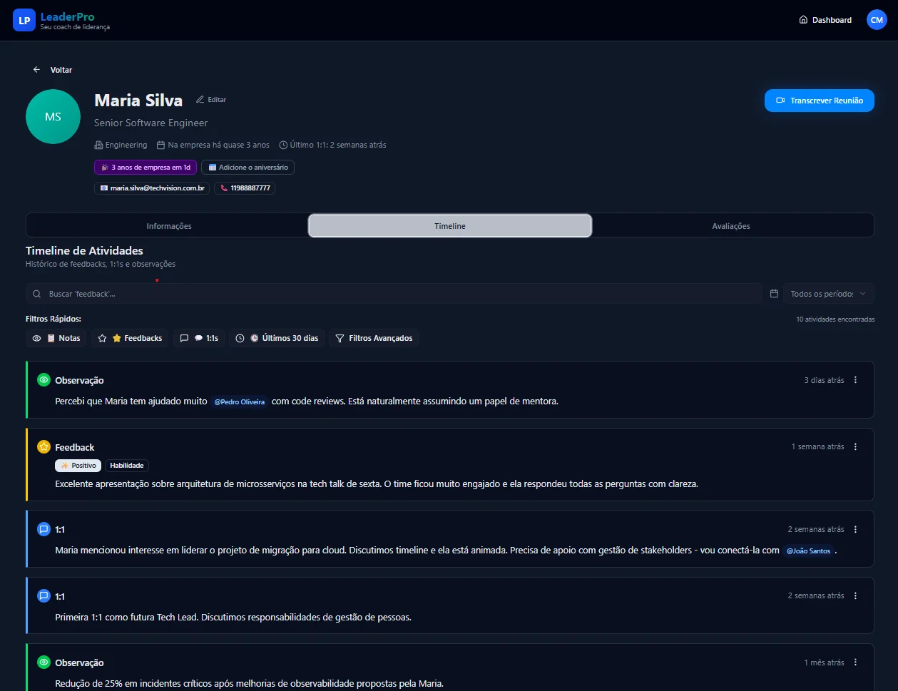 Histórico completo com transcrição automática, atas e notas geradas pela IA